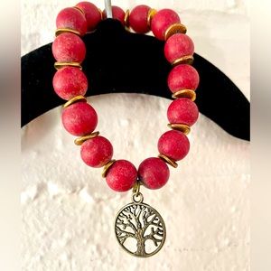 Natural stone handmade bracelet with tree charm. Elastic.  Southern Stone Co.